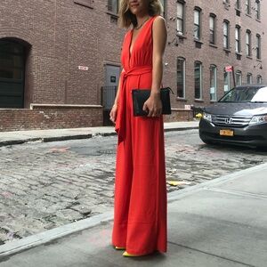 Bright orange deep v wide leg jumpsuit XS